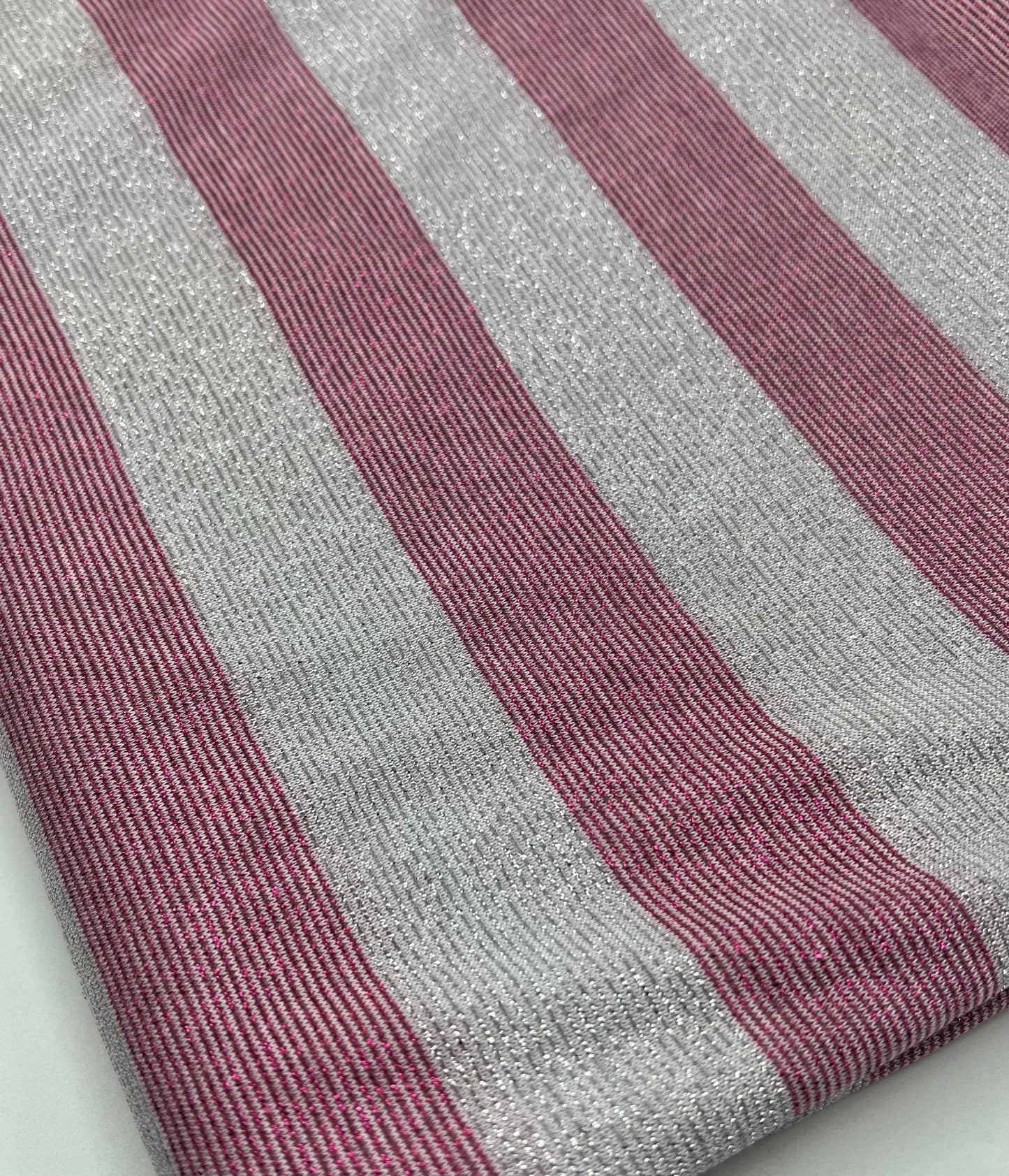 Pink Silver Metallic Stripe Knitted 2 Way Stretch Fabric