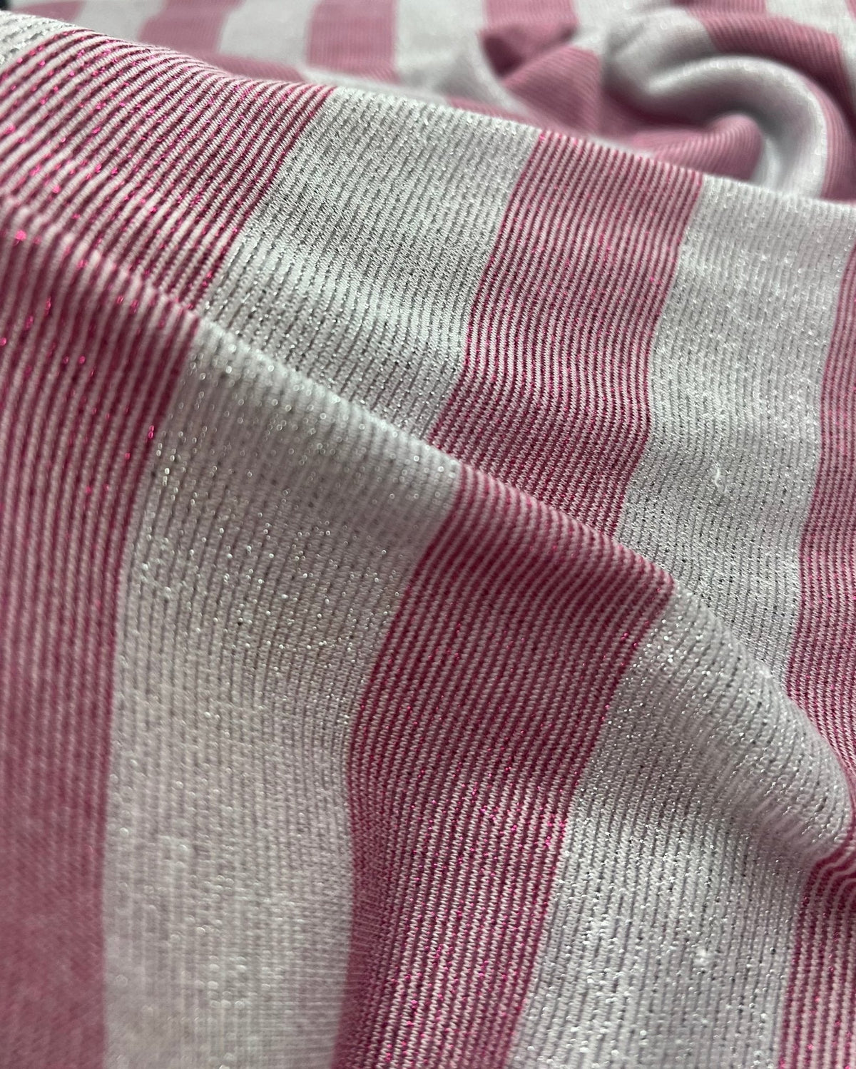 Pink Silver Metallic Stripe Knitted 2 Way Stretch Fabric