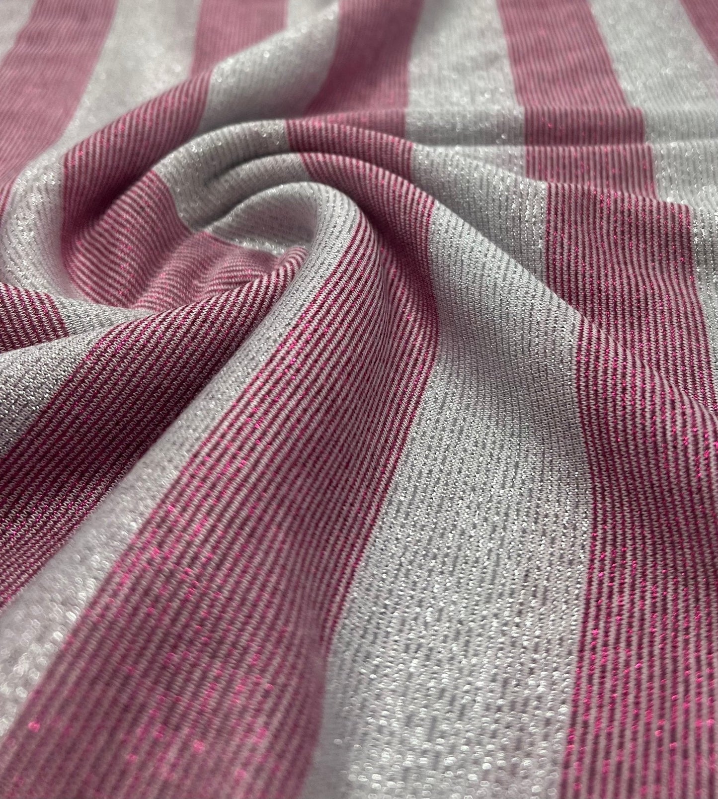 Pink Silver Metallic Stripe Knitted 2 Way Stretch Fabric