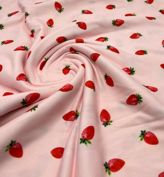 Pink Strawberrys Super Soft Print Spun Poly Stretch Fabric