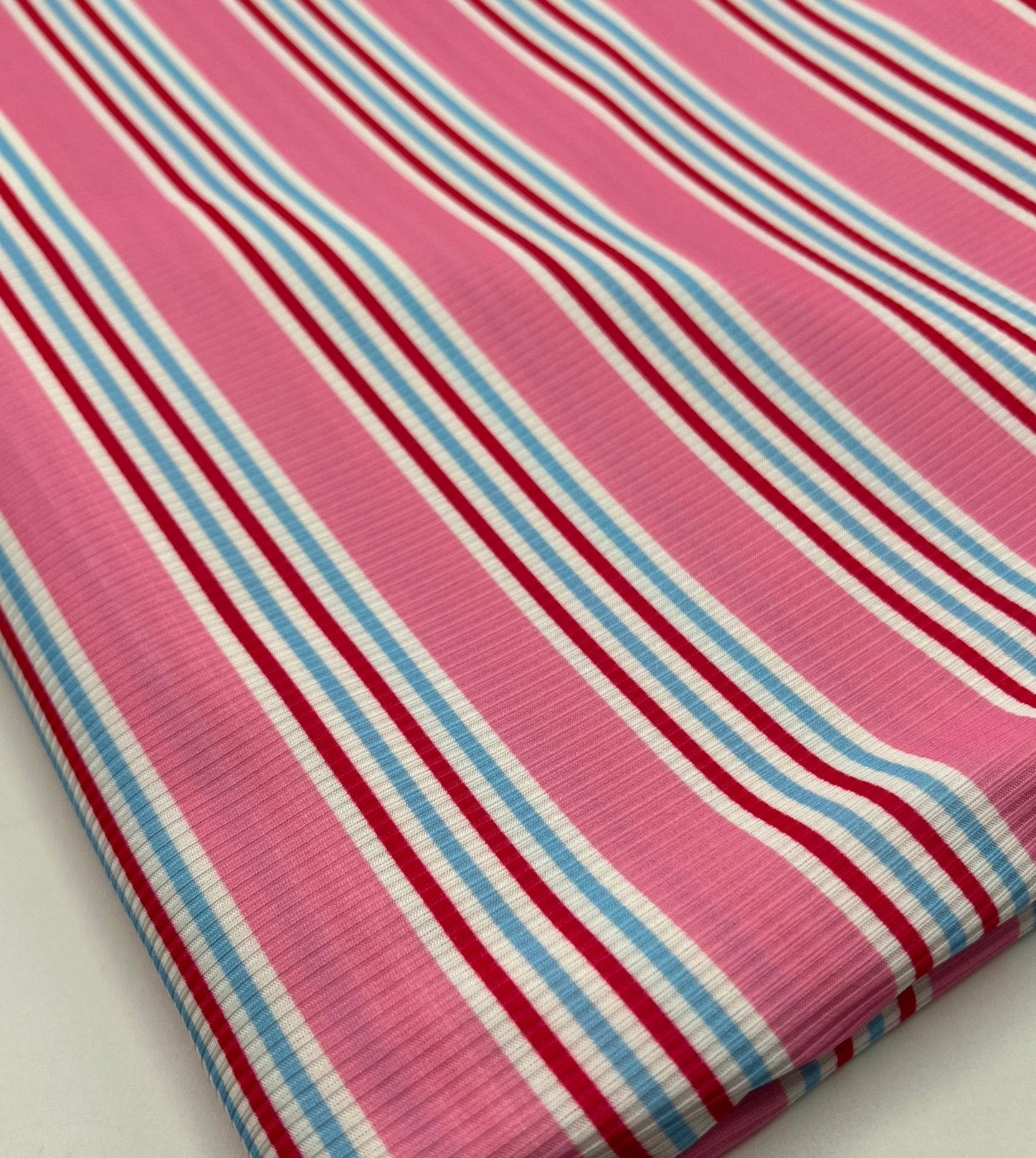 Pink Stripe Print 2X1 Fine Rib Stretch Fabric