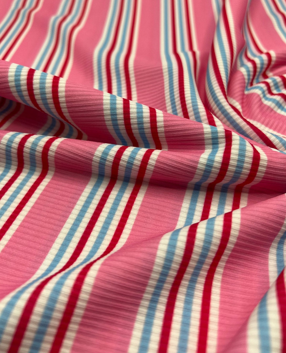 Pink Stripe Print 2X1 Fine Rib Stretch Fabric