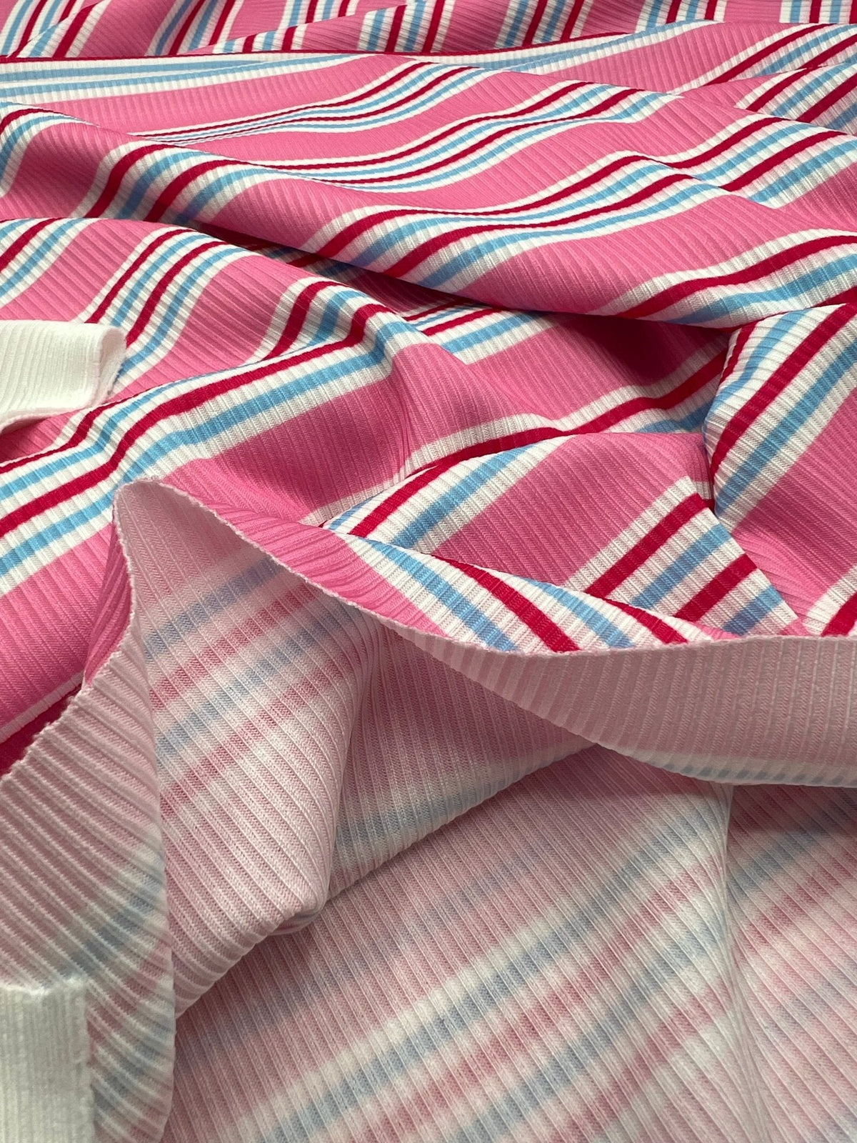 Pink Stripe Print 2X1 Fine Rib Stretch Fabric