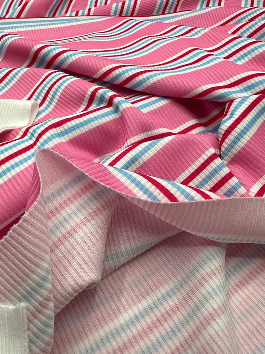 Pink Stripe Print 2X1 Fine Rib Stretch Fabric