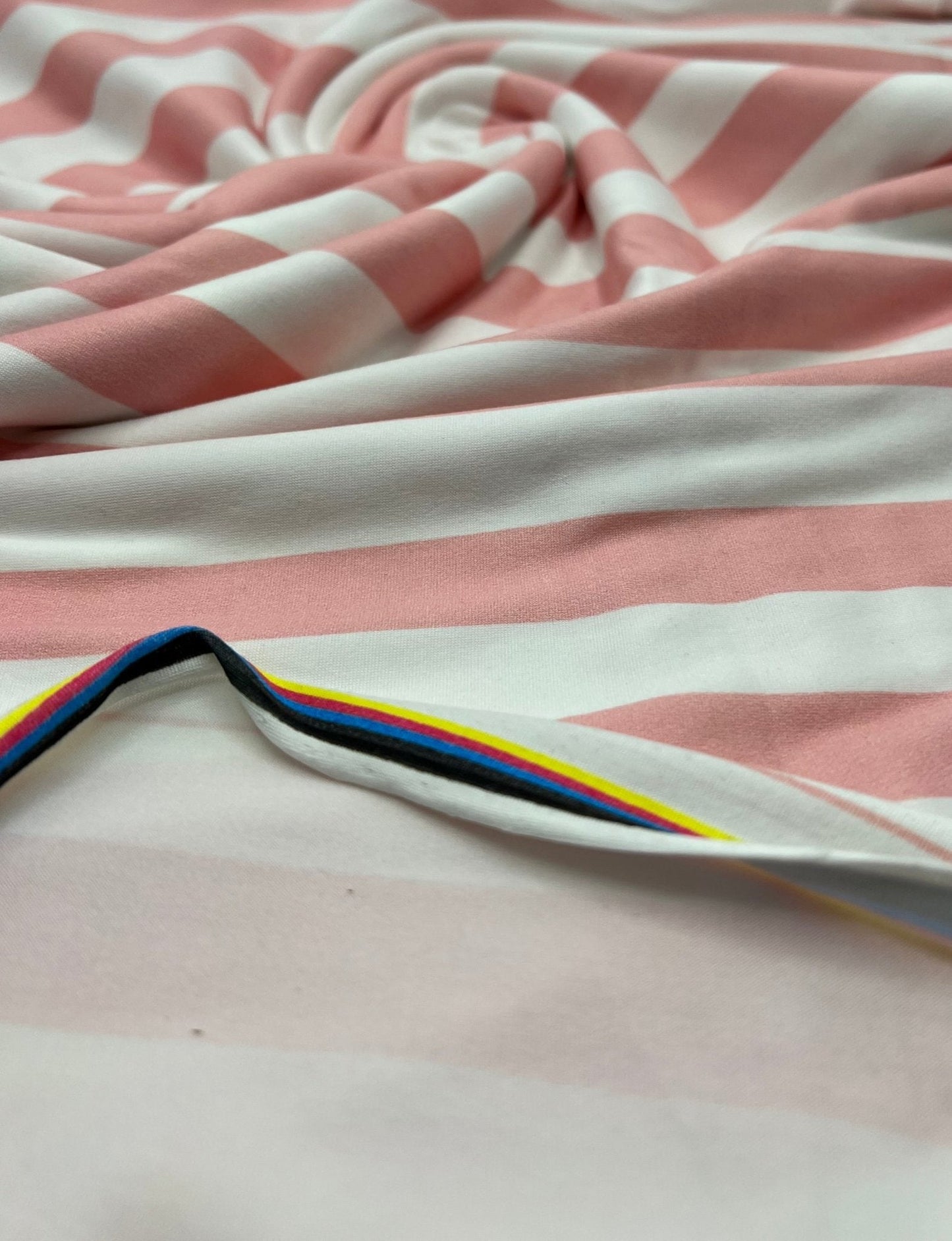 Pink White Stripe Super Soft Print Spun Poly Stretch Fabric