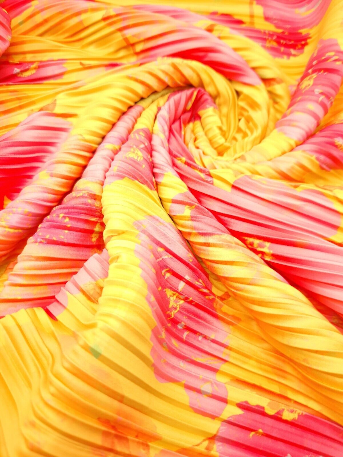 Pink Yellow Floral Multi Print Plisse Pleated Stretch Fabric