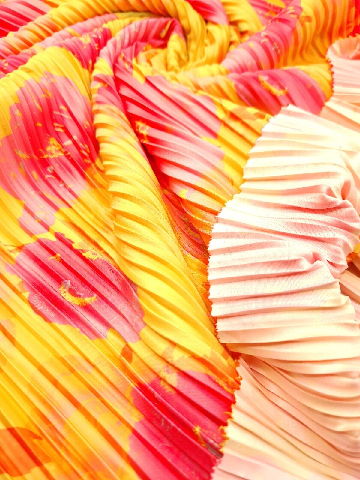 Pink Yellow Floral Multi Print Plisse Pleated Stretch Fabric