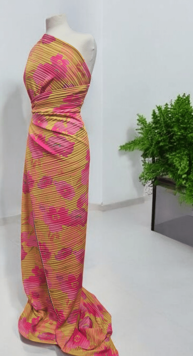 Pink Yellow Floral Multi Print Plisse Pleated Stretch Fabric
