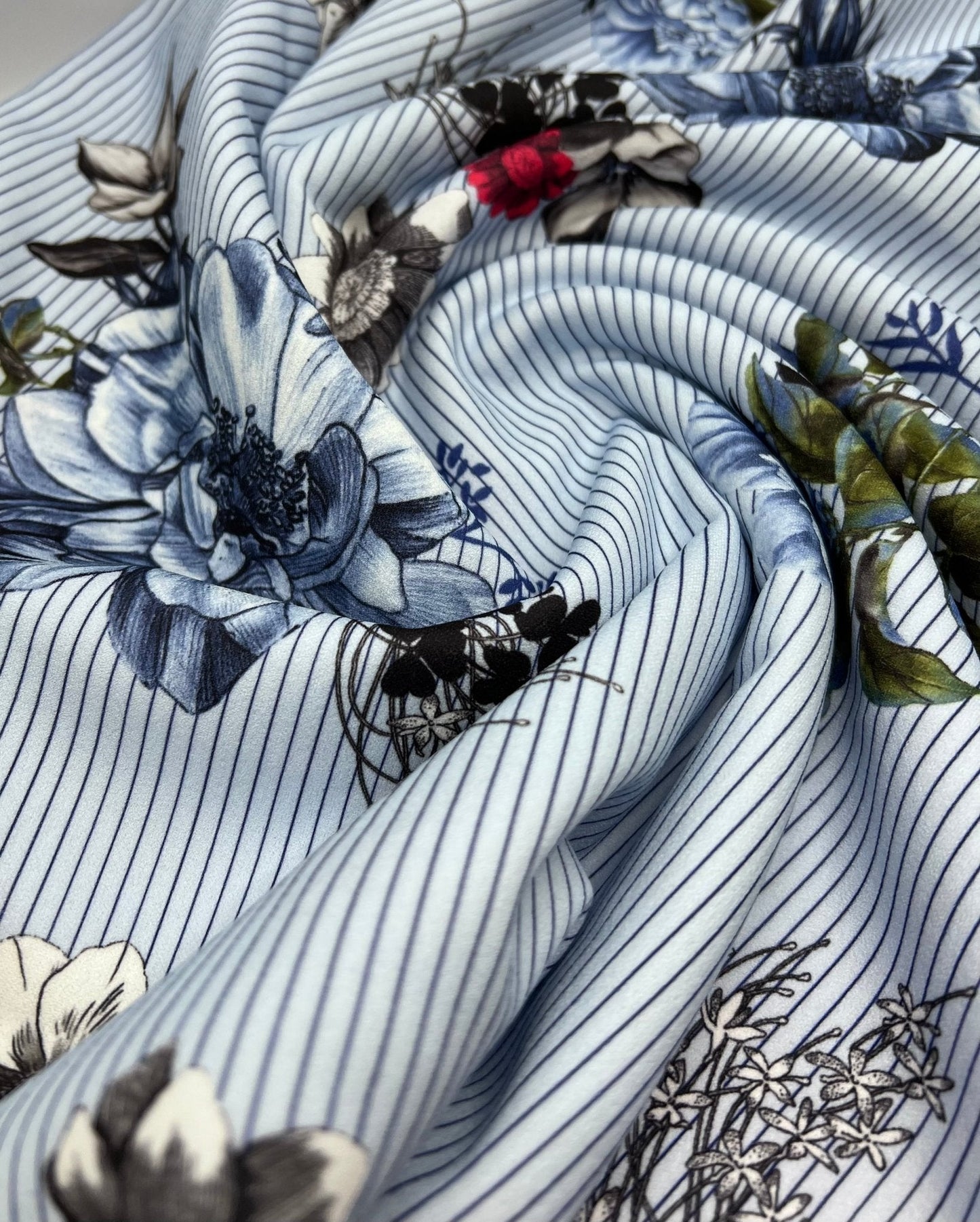 Pinstripe Blue Floral Printed Scuba Crepe Jersey Fabric 4 Way Stretch