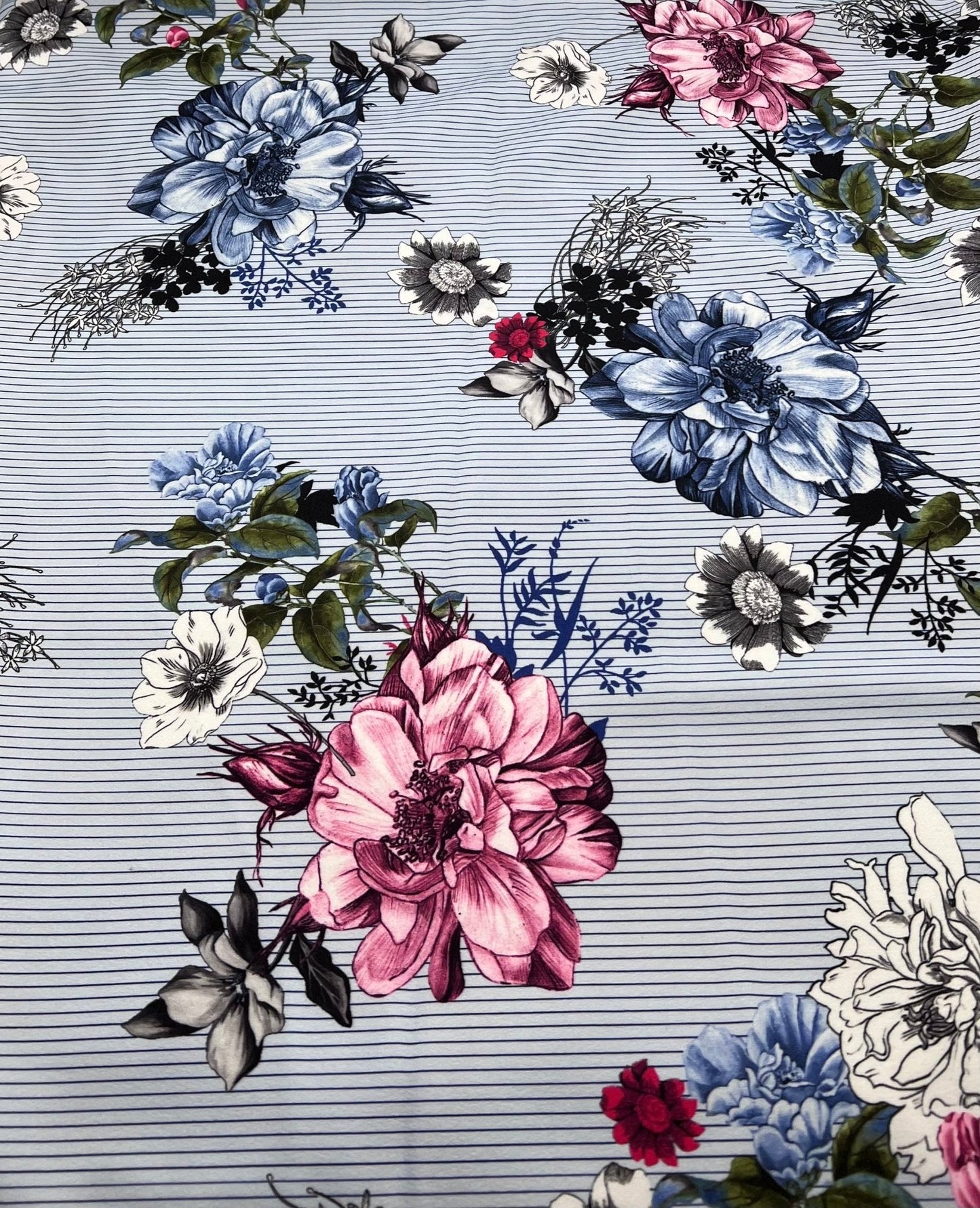 Pinstripe Blue Floral Printed Scuba Crepe Jersey Fabric 4 Way Stretch