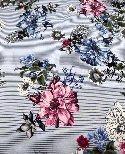 Pinstripe Blue Floral Printed Scuba Crepe Jersey Fabric 4 Way Stretch
