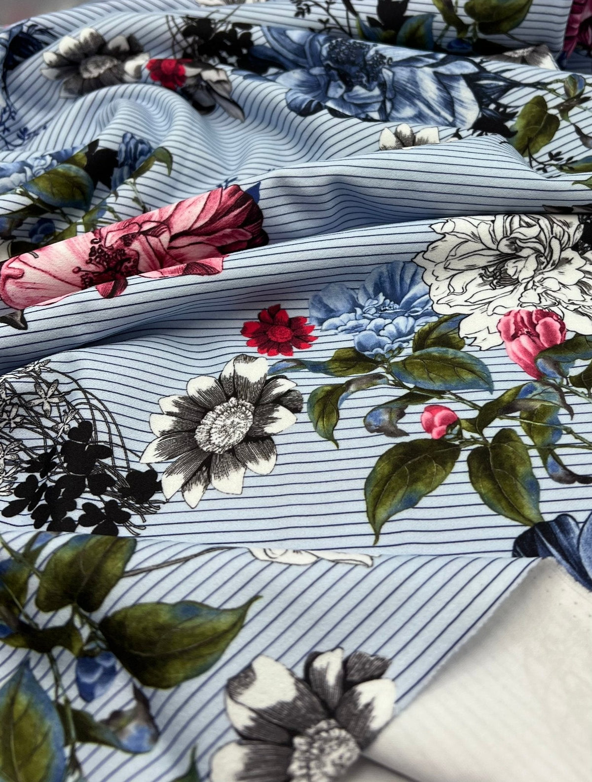 Pinstripe Blue Floral Printed Scuba Crepe Jersey Fabric 4 Way Stretch