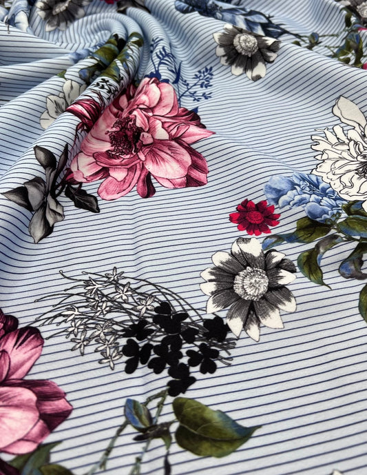 Pinstripe Blue Floral Printed Scuba Crepe Jersey Fabric 4 Way Stretch