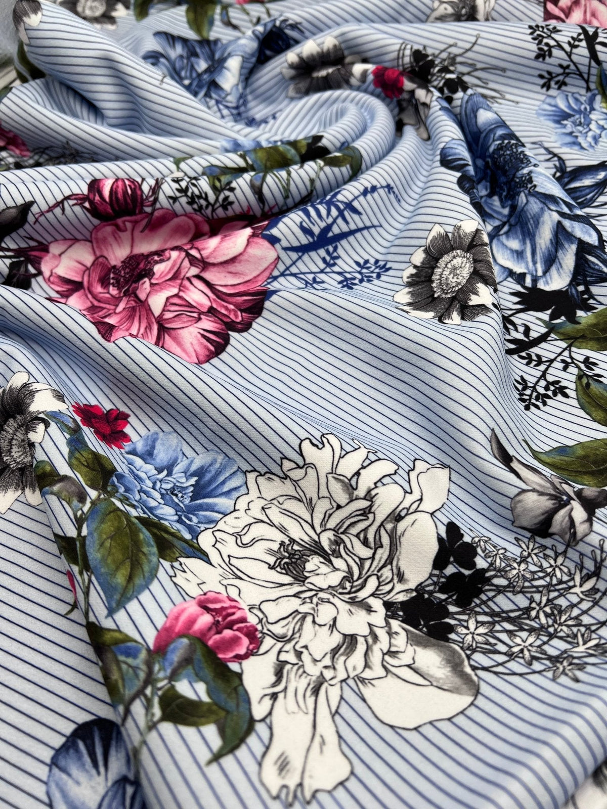 Pinstripe Blue Floral Printed Scuba Crepe Jersey Fabric 4 Way Stretch