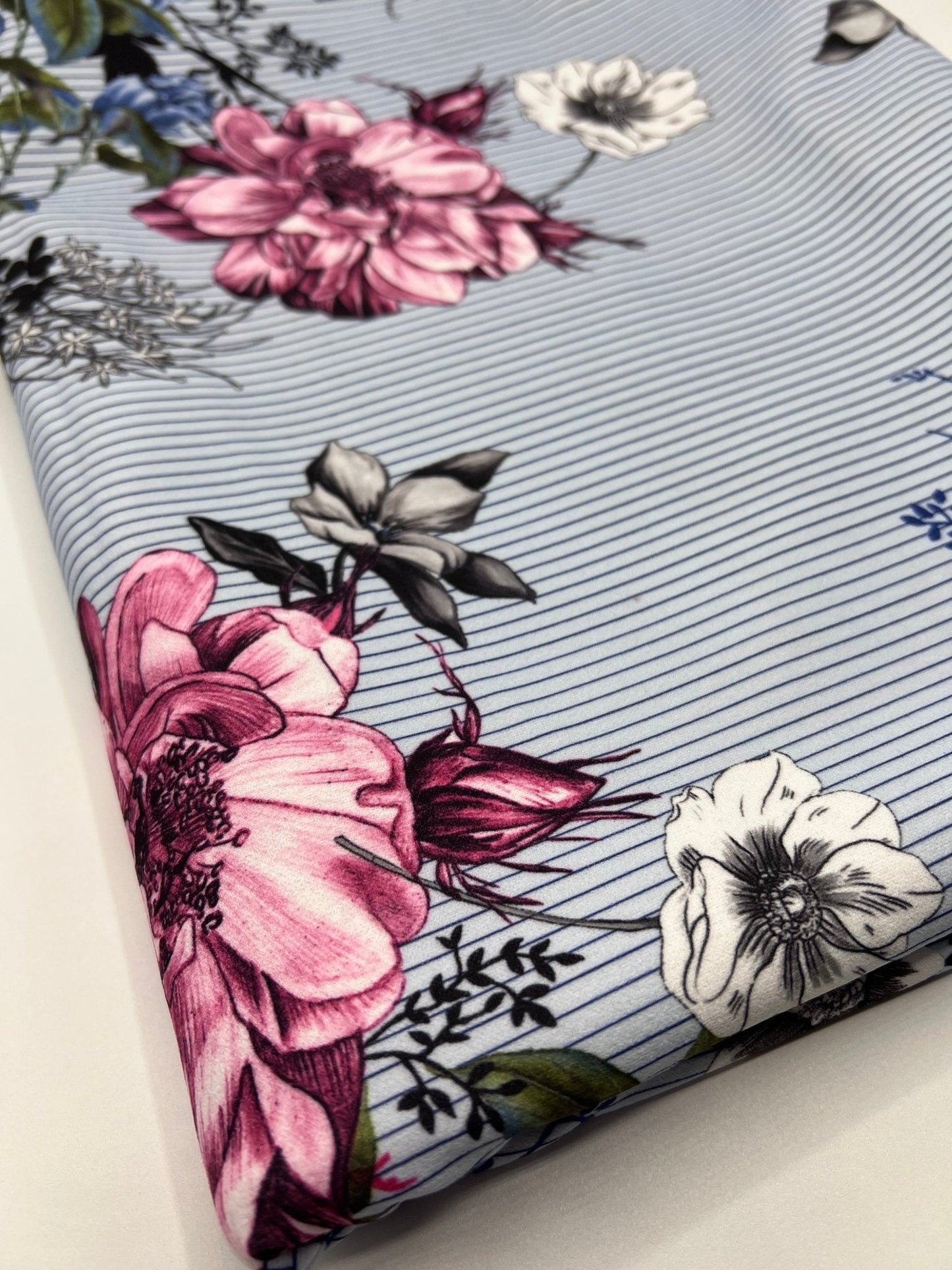 Pinstripe Blue Floral Printed Scuba Crepe Jersey Fabric 4 Way Stretch