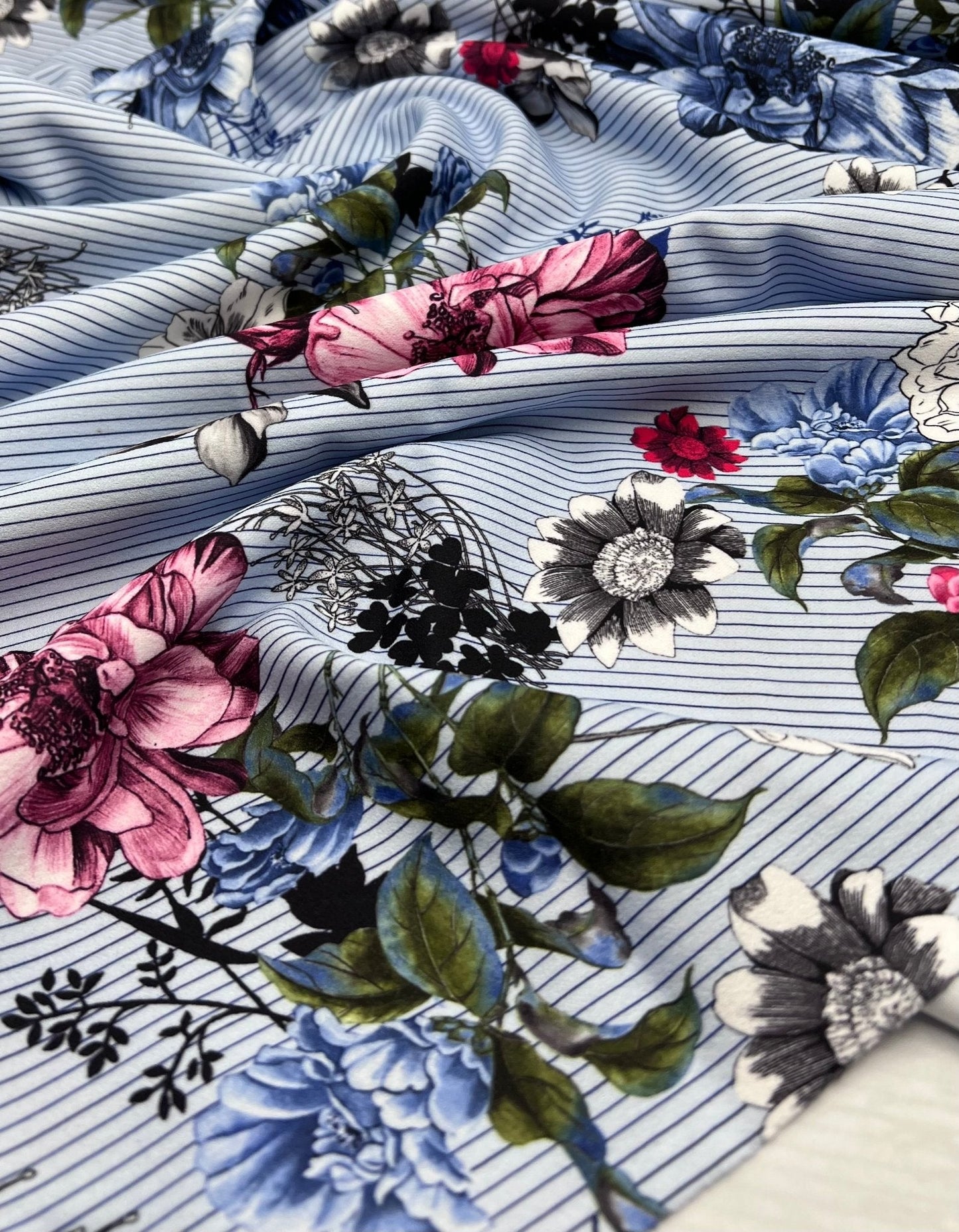 Pinstripe Blue Floral Printed Scuba Crepe Jersey Fabric 4 Way Stretch