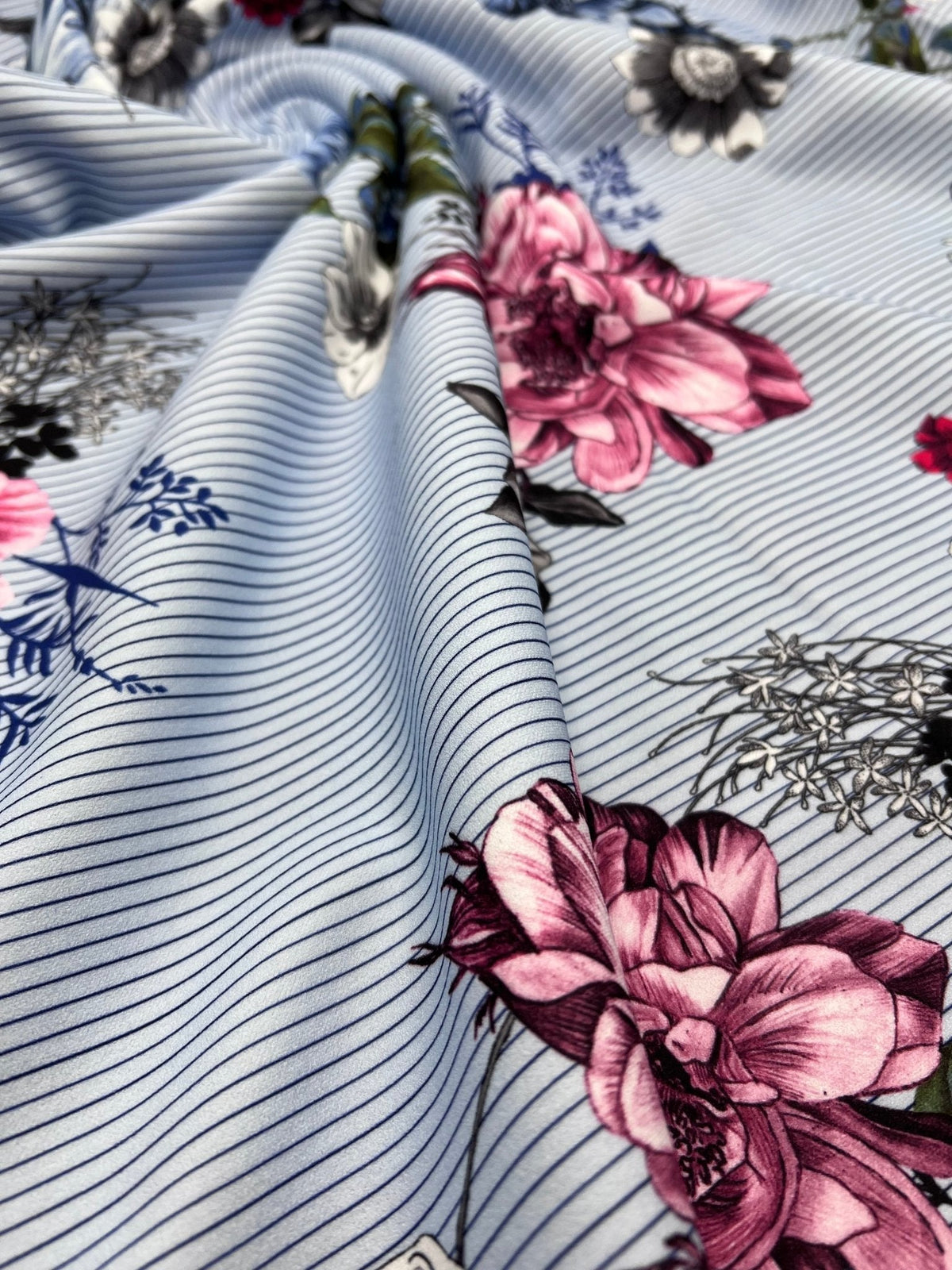 Pinstripe Blue Floral Printed Scuba Crepe Jersey Fabric 4 Way Stretch
