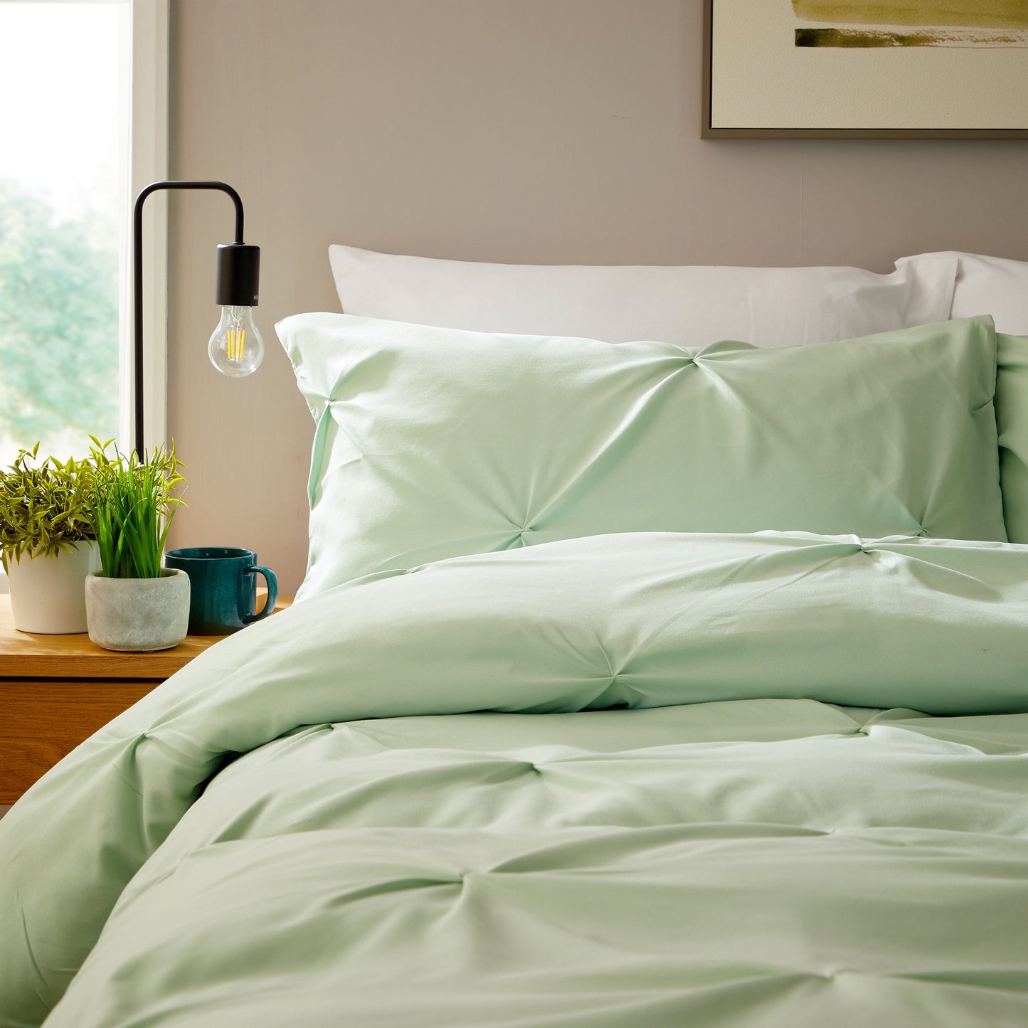 Pintuck Sage Green Microfibre Duvet Cover Set with Pillowcases Soft Breathable Easy Care Bedding Set Quilt Cover by OLIVIA ROCCO
