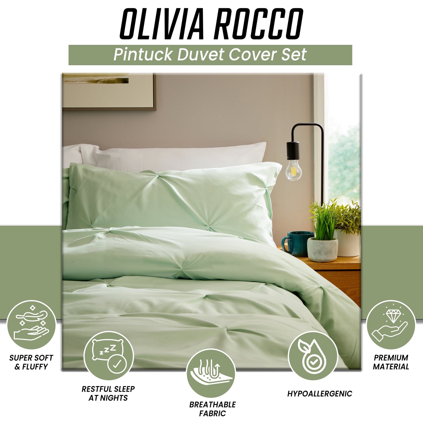 Pintuck Sage Green Microfibre Duvet Cover Set with Pillowcases Soft Breathable Easy Care Bedding Set Quilt Cover by OLIVIA ROCCO