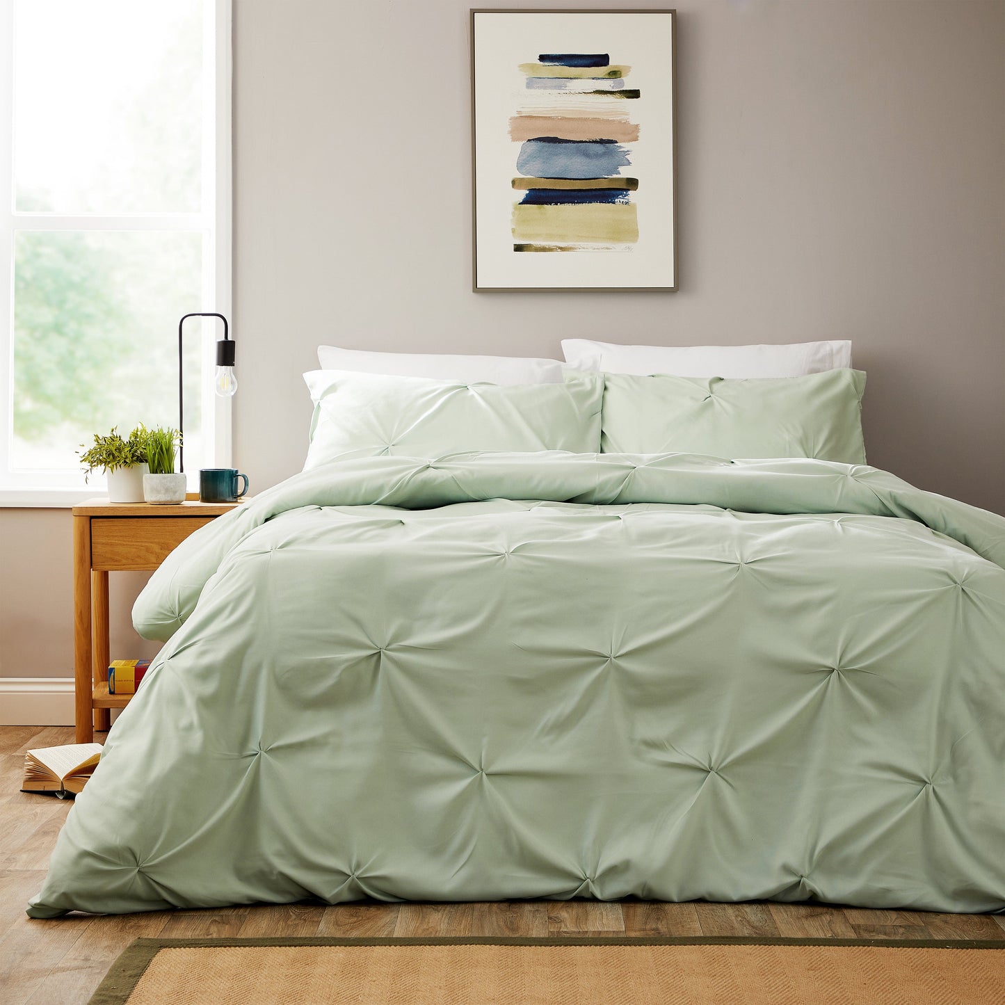 Pintuck Sage Green Microfibre Duvet Cover Set with Pillowcases Soft Breathable Easy Care Bedding Set Quilt Cover by OLIVIA ROCCO