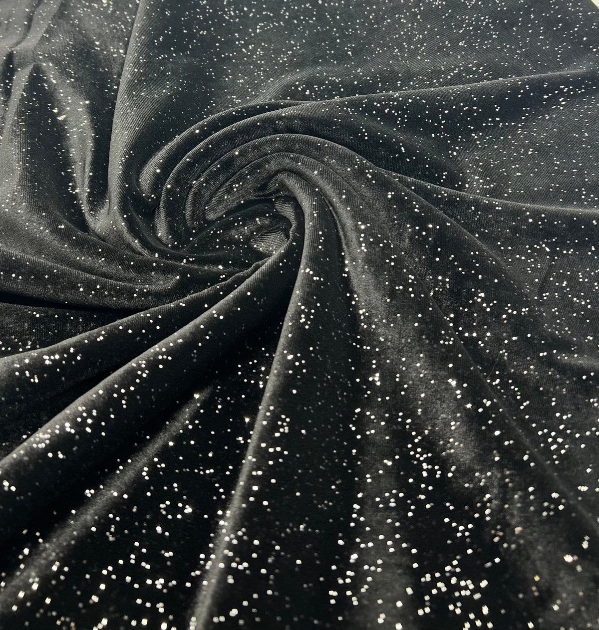 Plain Black Metallic Sparkle Glitter Velour Stretch Fabric