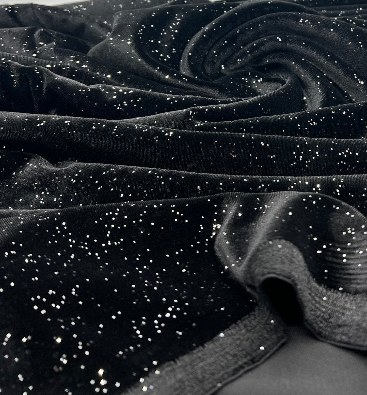 Plain Black Metallic Sparkle Glitter Velour Stretch Fabric
