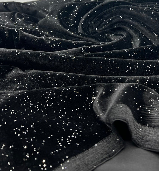 Plain Black Metallic Sparkle Glitter Velour Stretch Fabric
