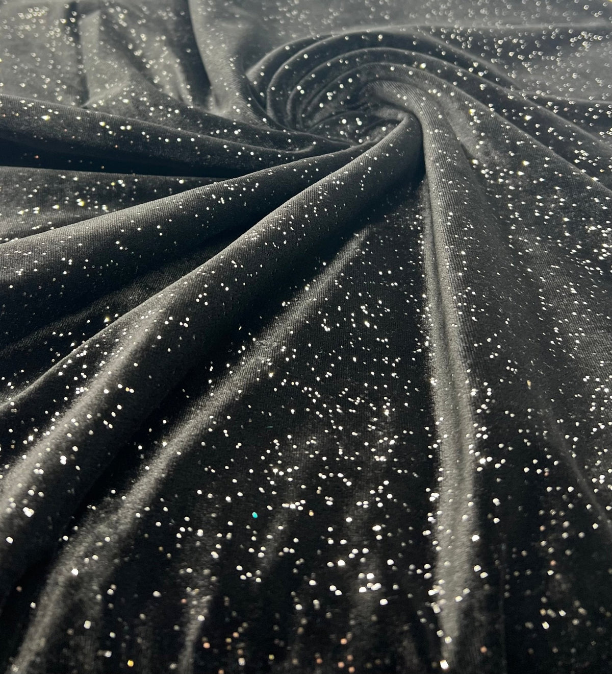 Plain Black Metallic Sparkle Glitter Velour Stretch Fabric