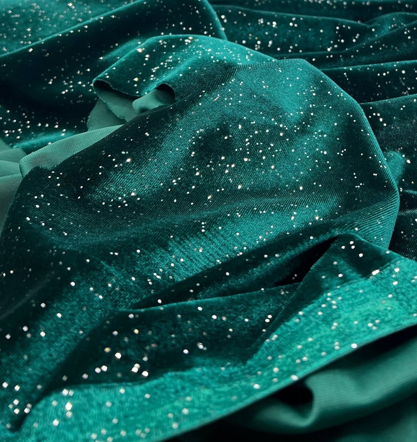 Plain Bottle Green Metallic Sparkle Glitter Velour Stretch Fabric