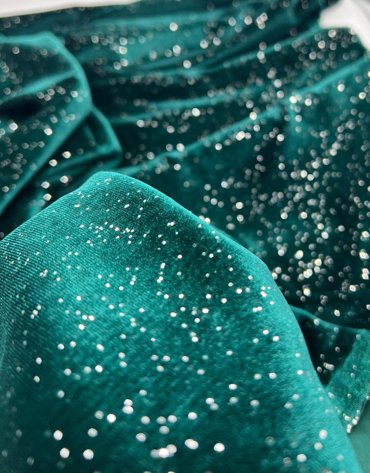 Plain Bottle Green Metallic Sparkle Glitter Velour Stretch Fabric