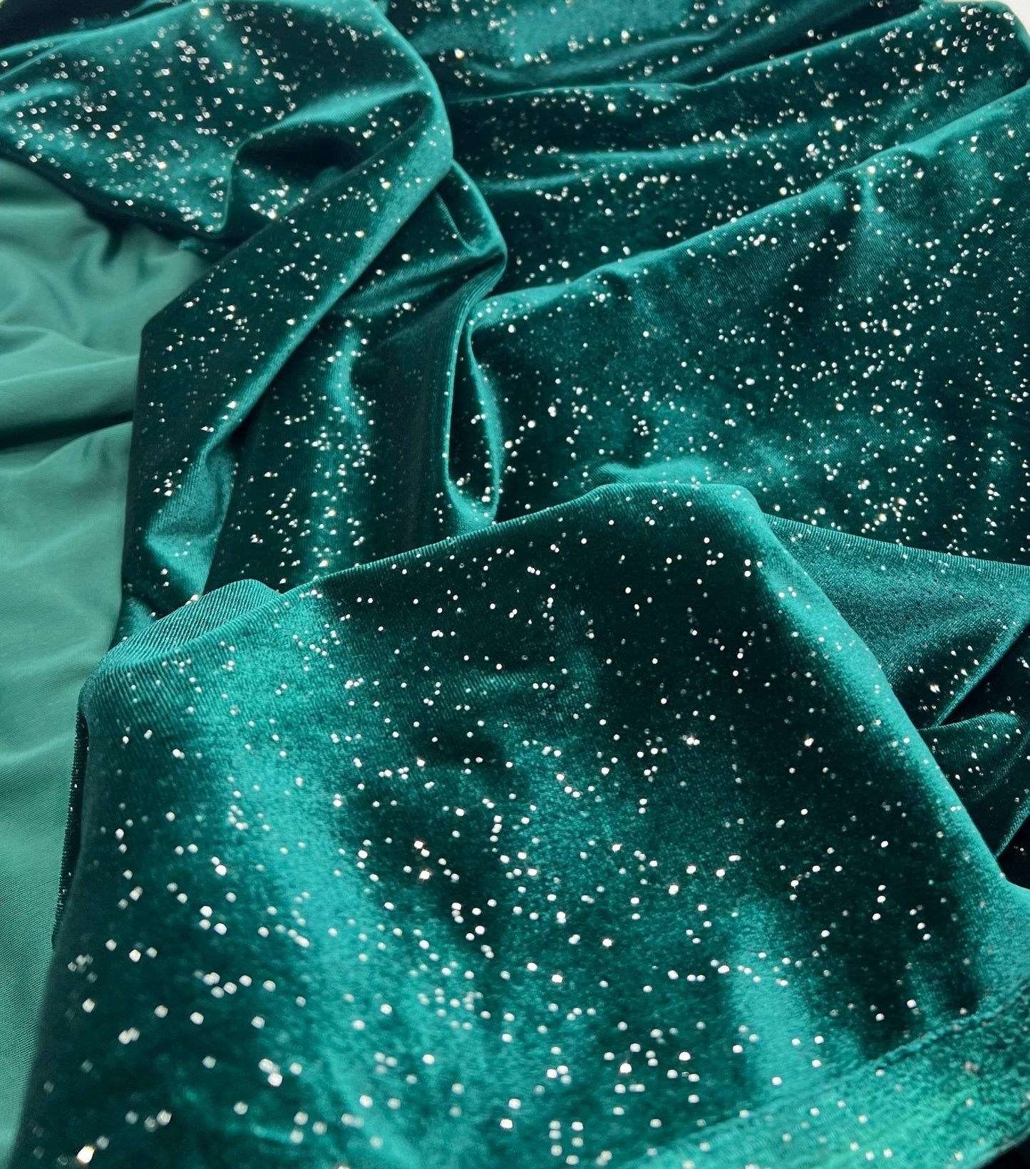 Plain Bottle Green Metallic Sparkle Glitter Velour Stretch Fabric