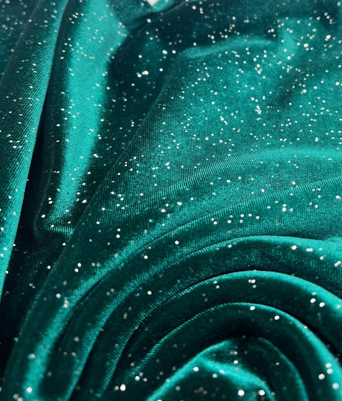 Plain Bottle Green Metallic Sparkle Glitter Velour Stretch Fabric