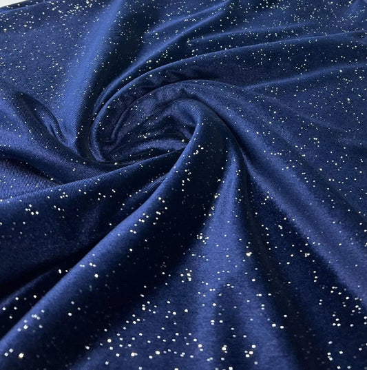 Plain Navy Metallic Sparkle Glitter Velour Stretch Fabric