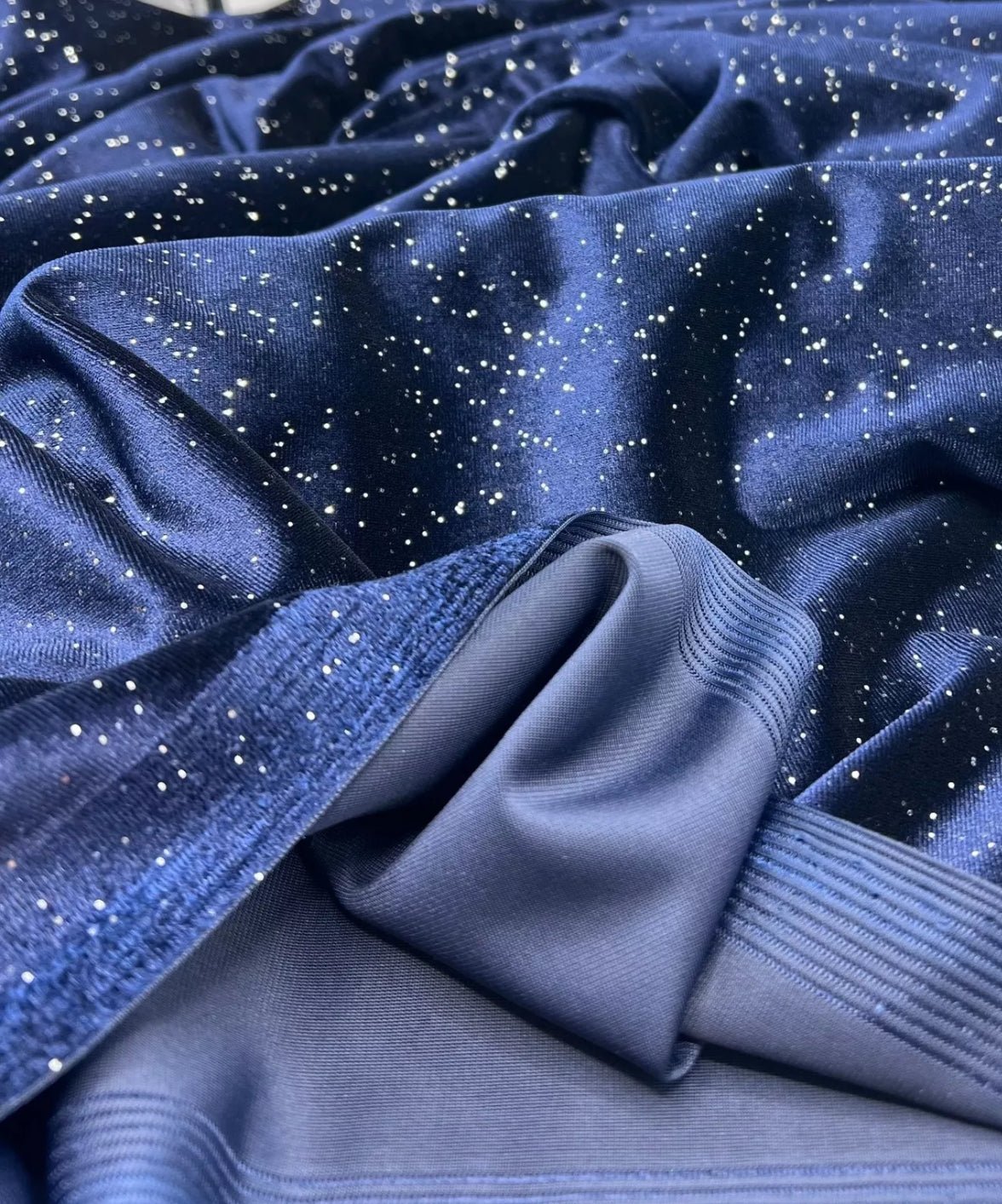 Plain Navy Metallic Sparkle Glitter Velour Stretch Fabric
