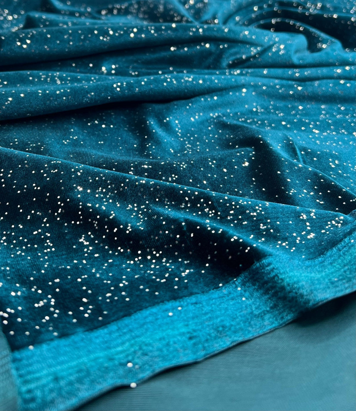 Plain Teal Metallic Sparkle Glitter Velour Stretch Fabric