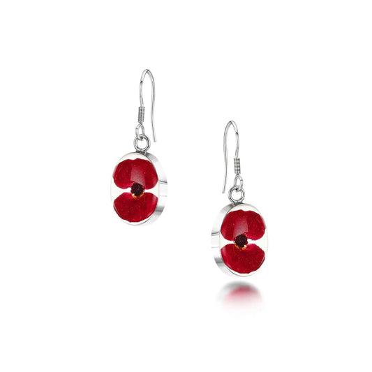 Poppy earrings by Shrieking Violet® Sterling silver drop dangle oval earrings with tiny flowers
