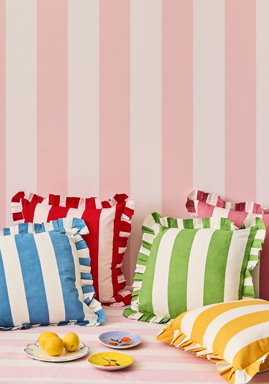 Pink Candy Cabana Stripe Ruffled Cushion Cover