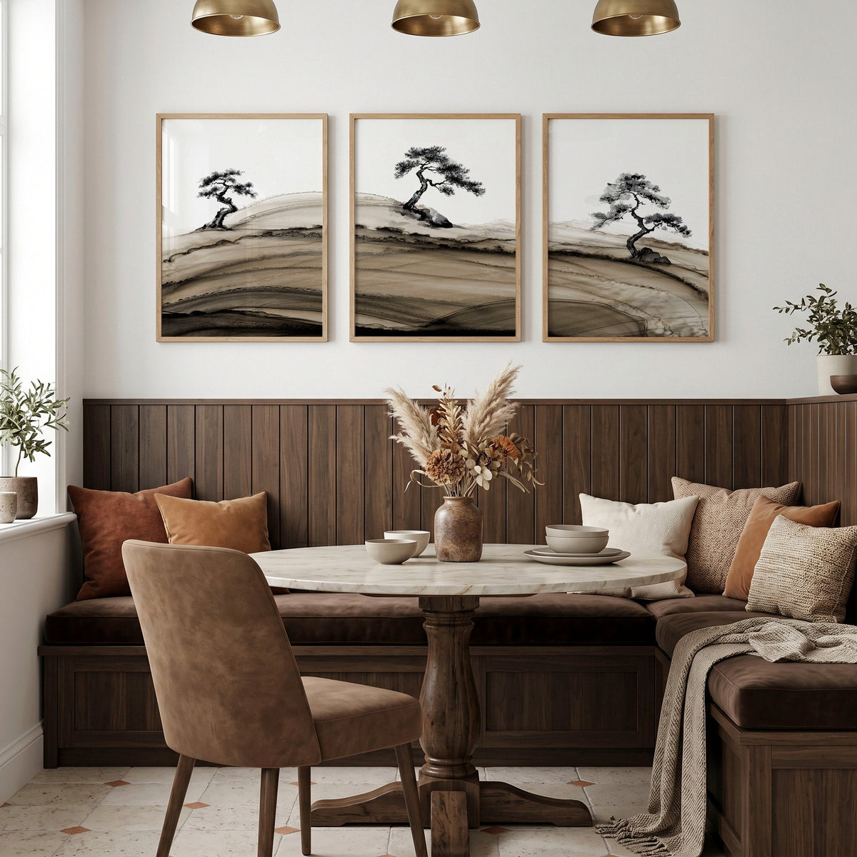 Popular Wall Art Japandi Ink Bonsai Trees on Rolling Hills | Set of 3