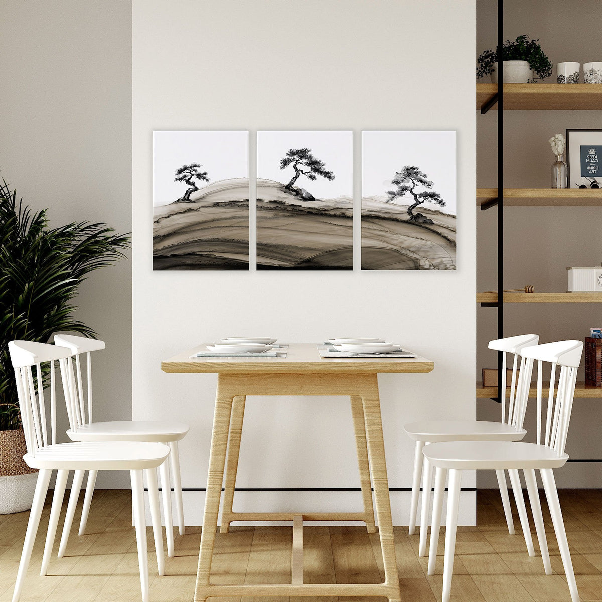 Popular Wall Art Japandi Ink Bonsai Trees on Rolling Hills | Set of 3