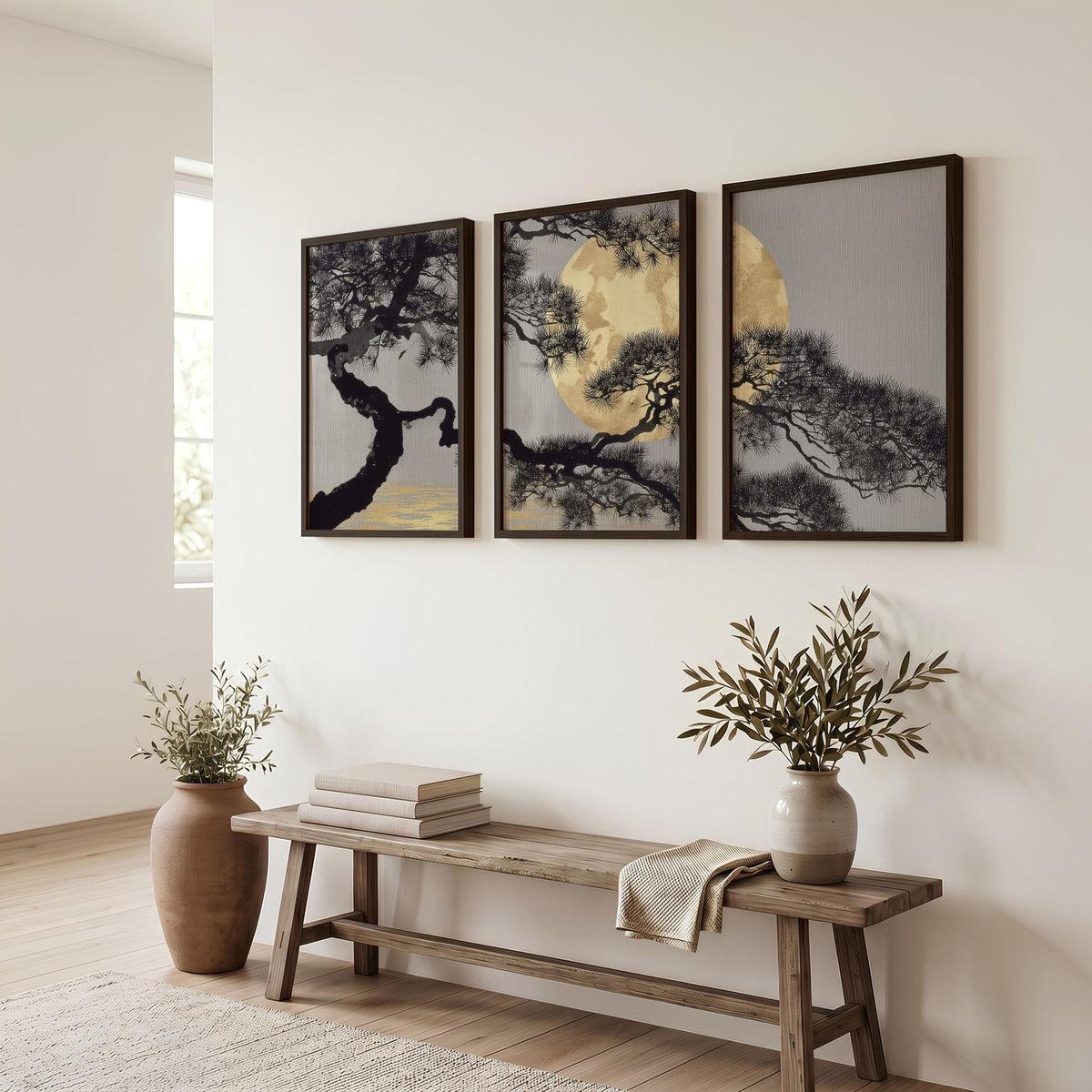 Posters of Japan Japanese Pine Tree & Moon Wall Art Prints | Set of 3