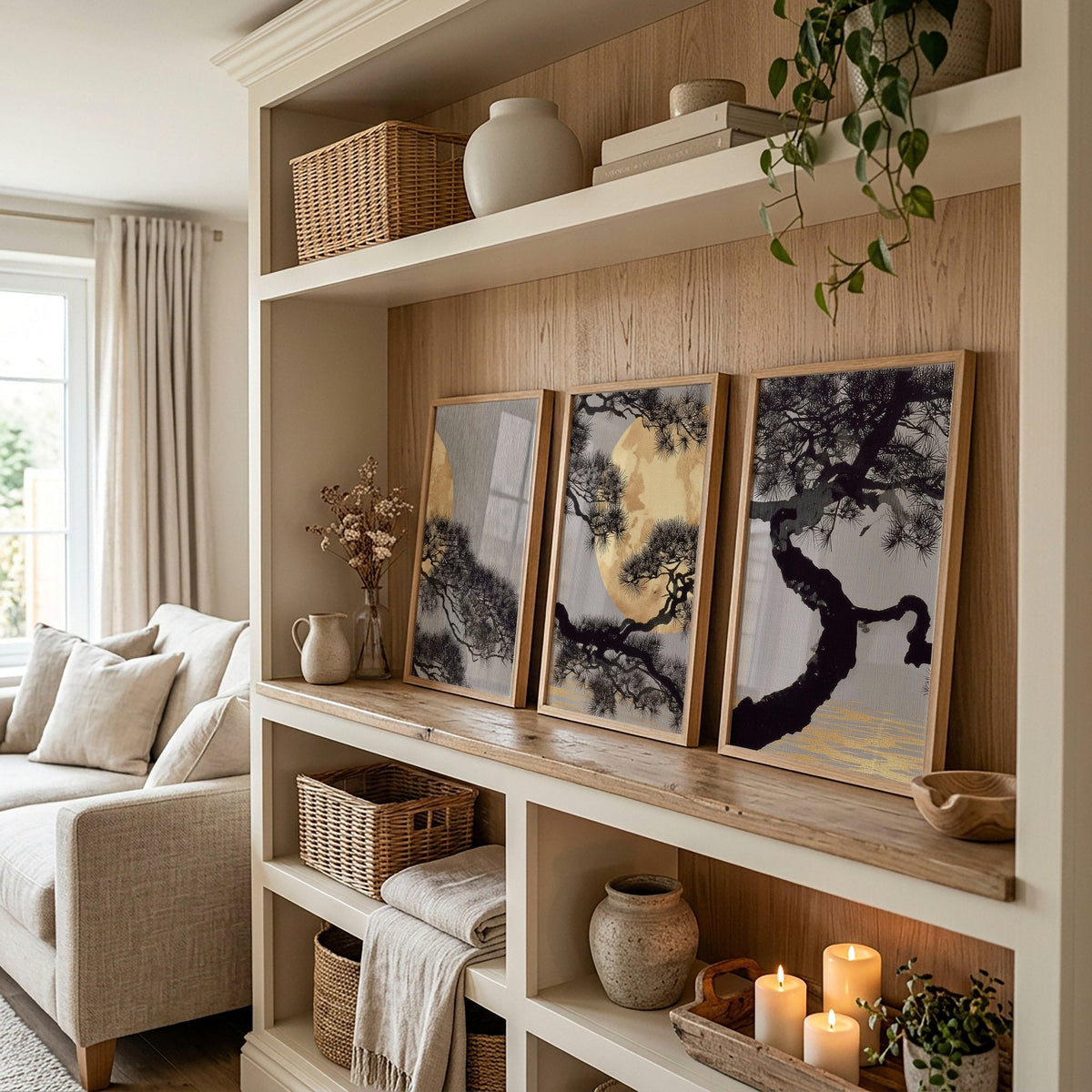 Posters of Japan Japanese Pine Tree & Moon Wall Art Prints | Set of 3