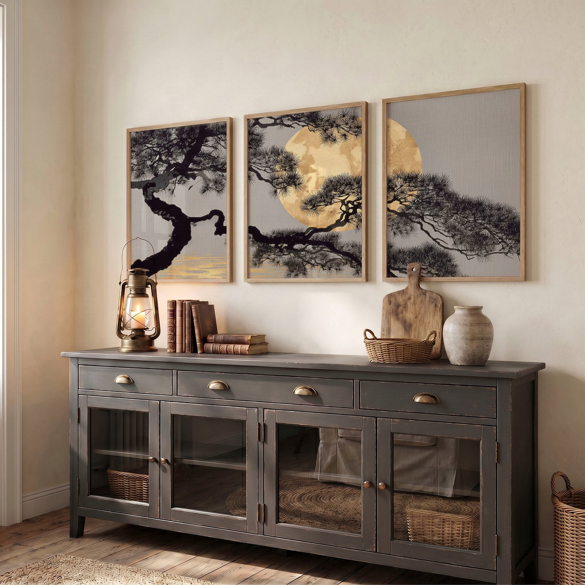 Posters of Japan Japanese Pine Tree & Moon Wall Art Prints | Set of 3
