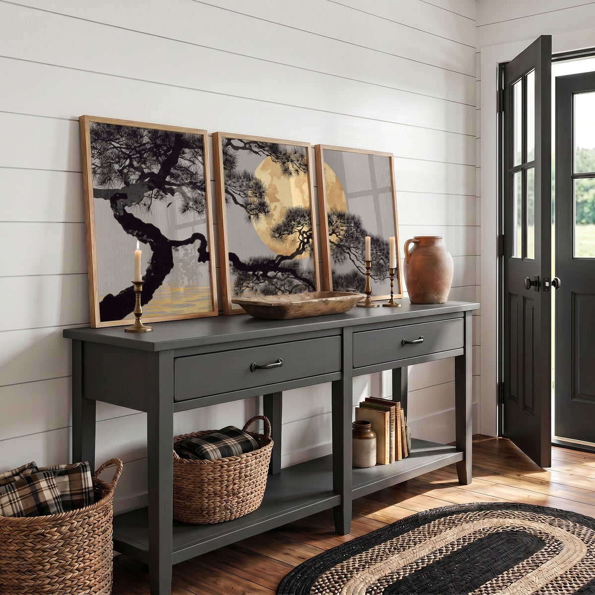 Posters of Japan Japanese Pine Tree & Moon Wall Art Prints | Set of 3