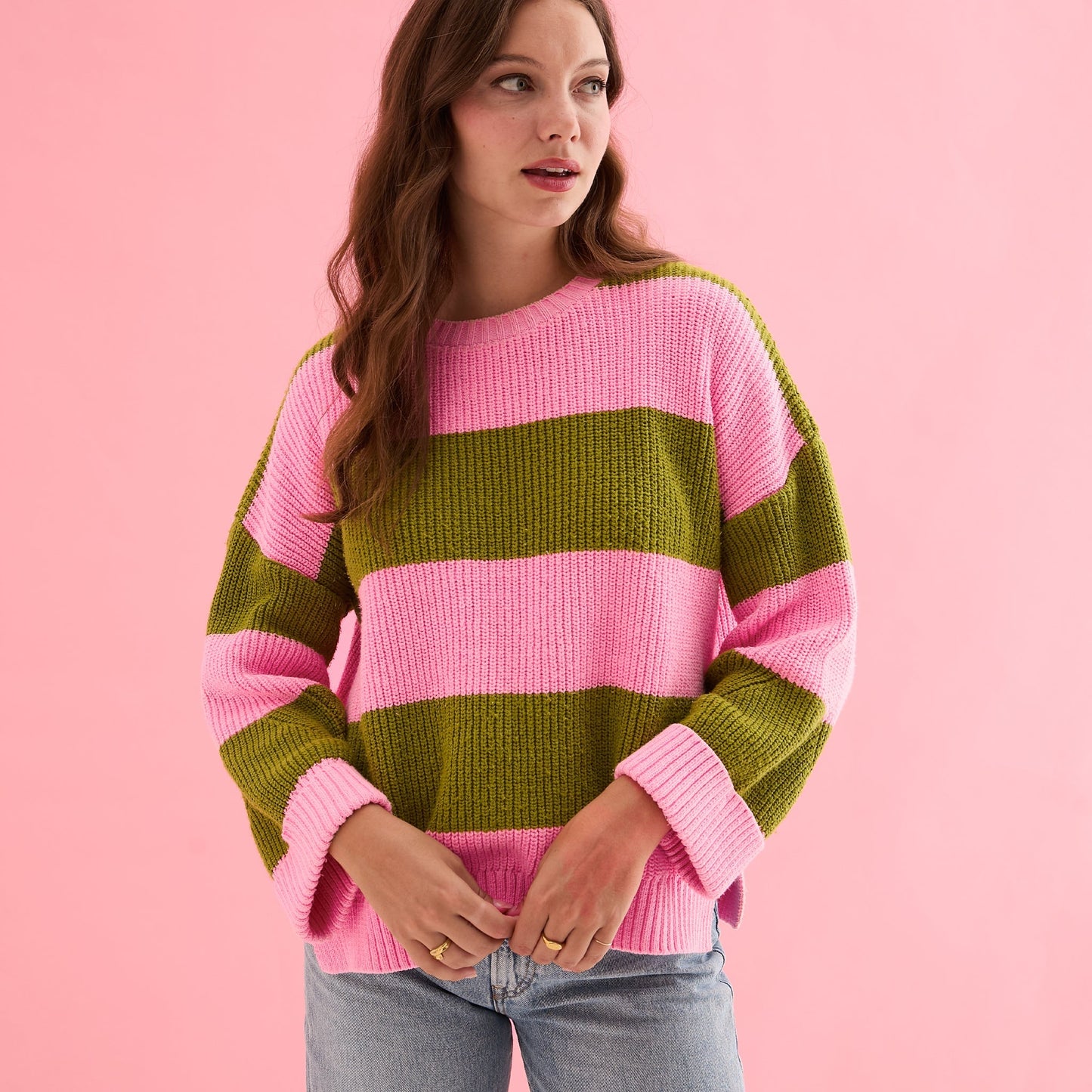 Rhiannon Recycled Cotton Blend Stripe Jumper - Pink and Green