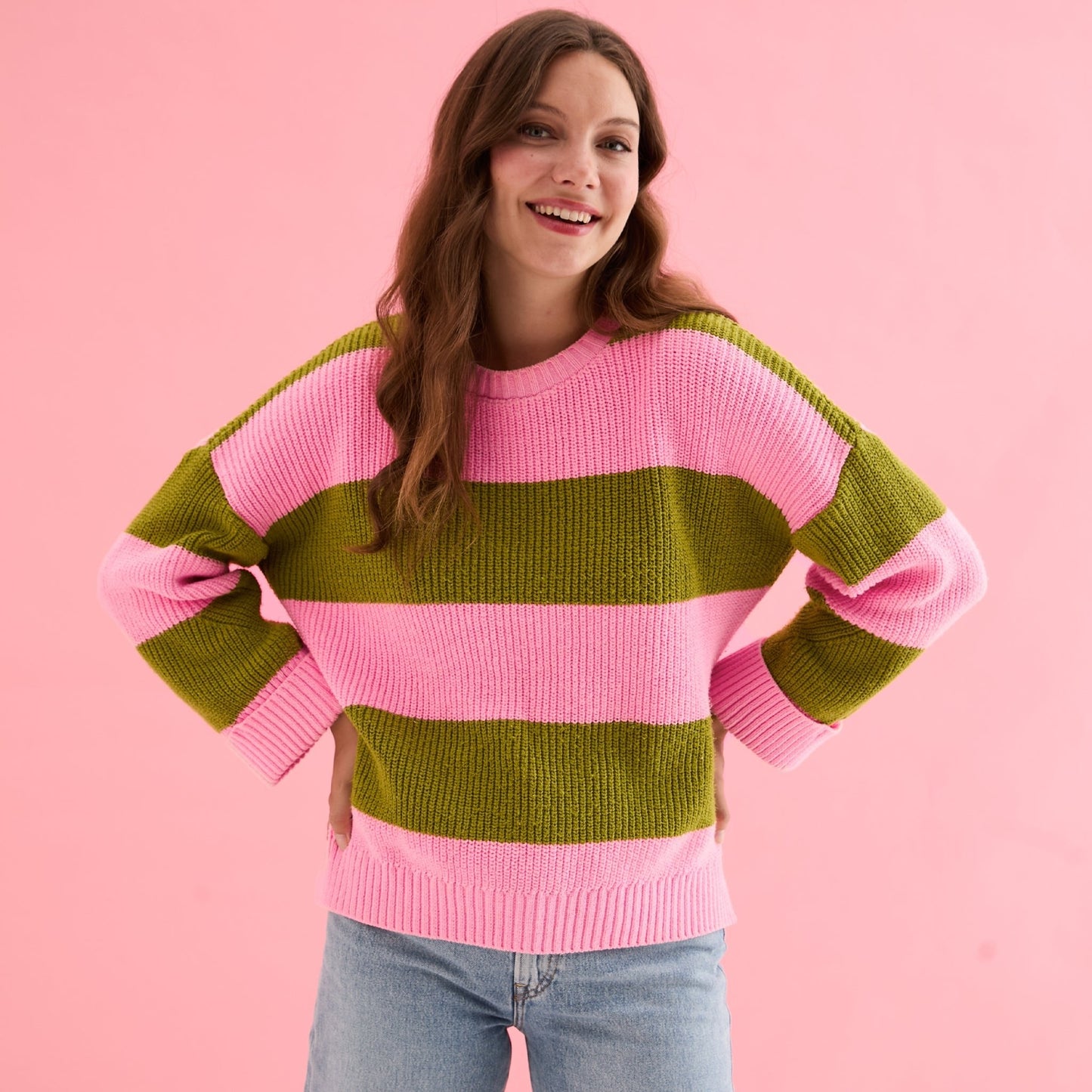 Rhiannon Recycled Cotton Blend Stripe Jumper - Pink and Green