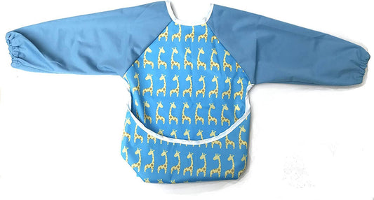 Premium Soft Long Sleeve Water Resistant Washable Bib – Blue Giraffe Design