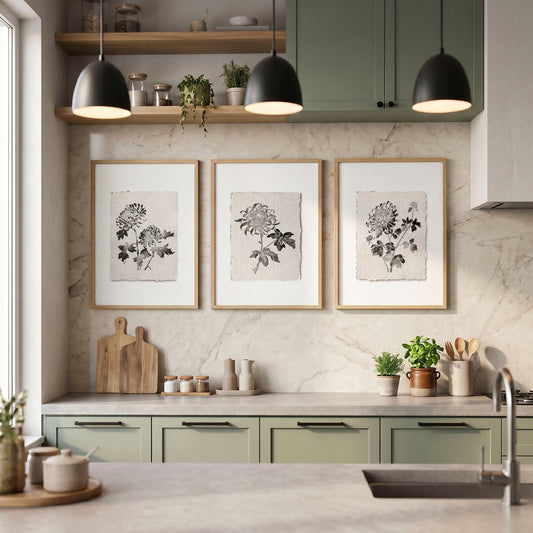 Prints for Kitchen French Country Botanical Chrysanthemum Black & Beige Wall Art | Set of 3
