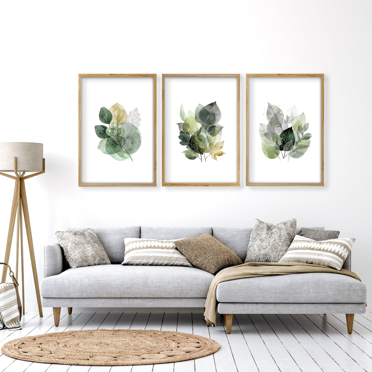 Prints for Living Room Botanical Green & Gold-Tone Watercolour Leaves | Set of 3