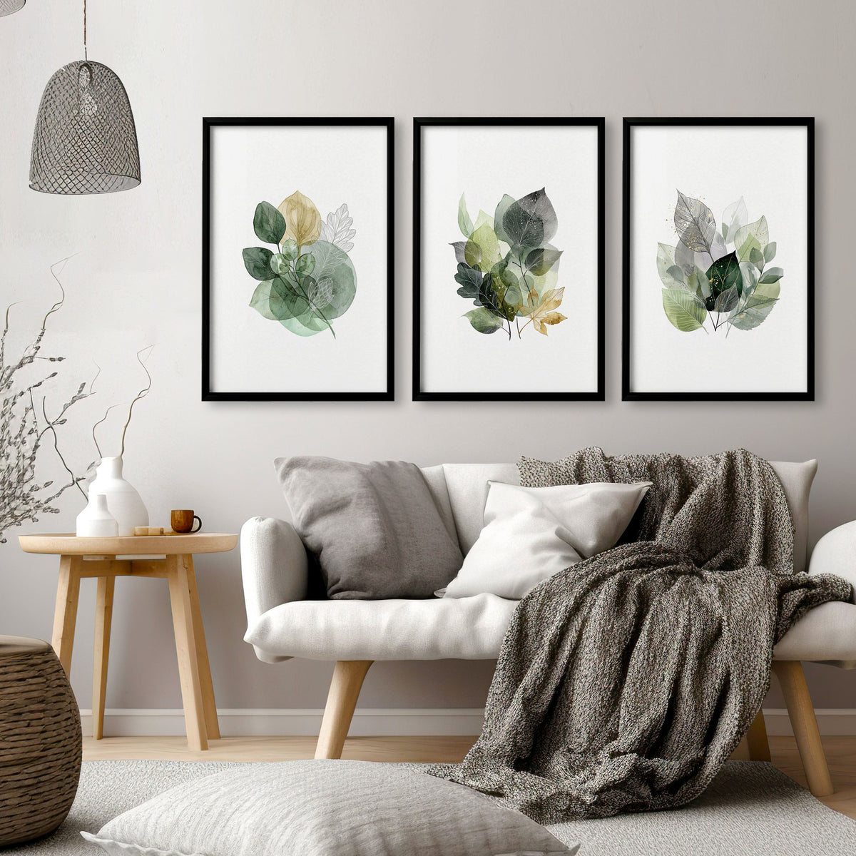 Prints for Living Room Botanical Green & Gold-Tone Watercolour Leaves | Set of 3