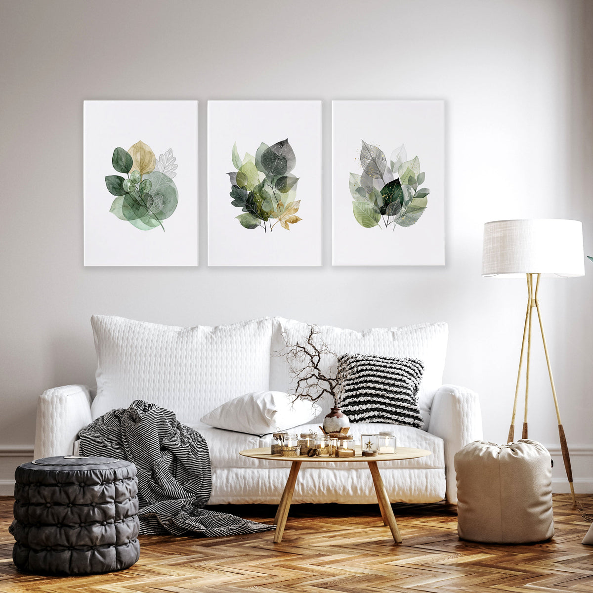 Prints for Living Room Botanical Green & Gold-Tone Watercolour Leaves | Set of 3